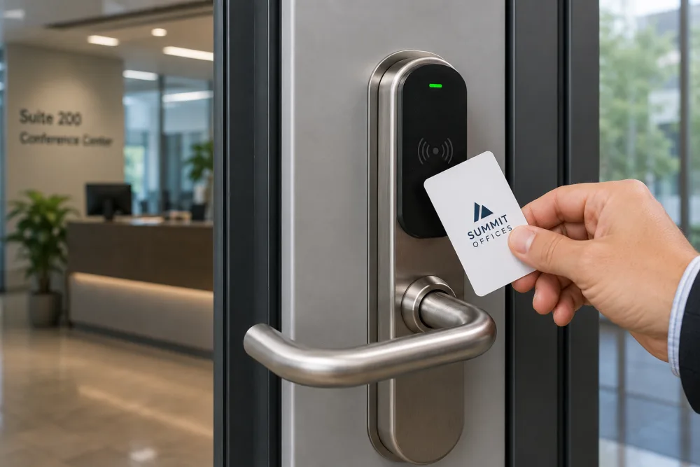 Hand tapping a white access control key card to a reader on a glass office door