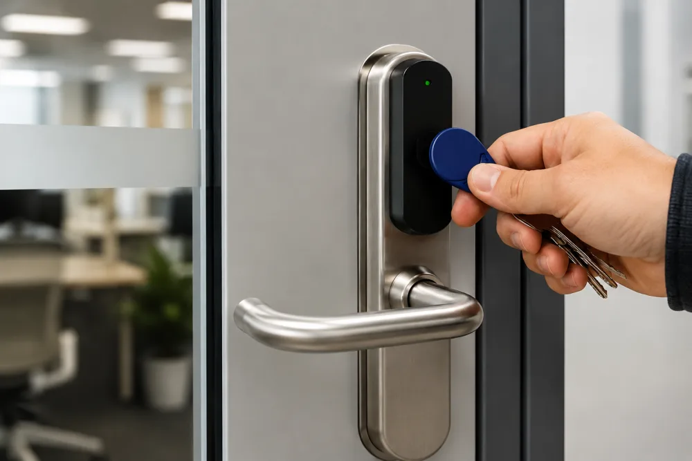 Hand tapping a blue key fob to an access control reader on a glass office door
