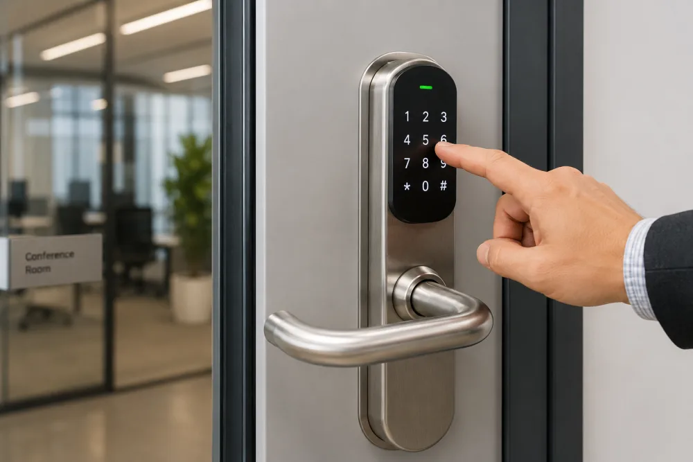 Finger entering a PIN on a touchscreen keypad access control lock on a glass office door