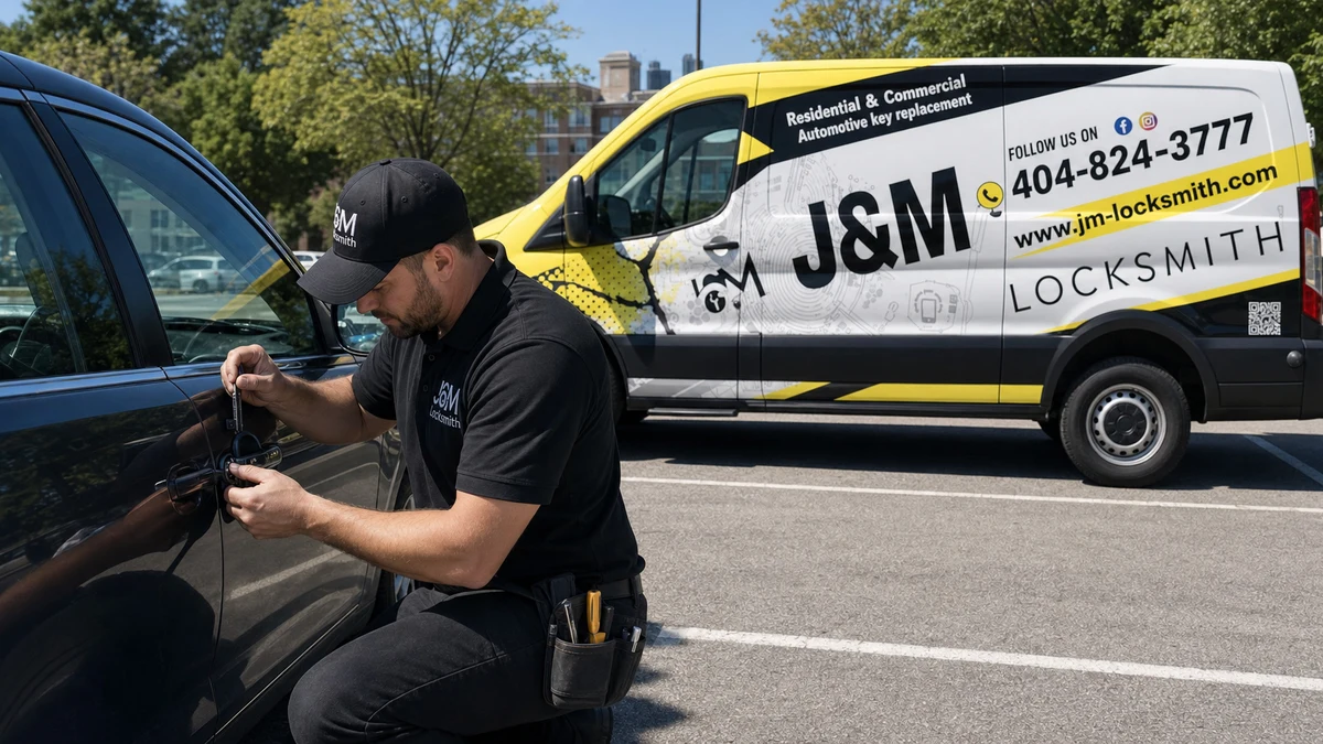 J&M Locksmith technician programming a car key fob in Atlanta with the city skyline in the background