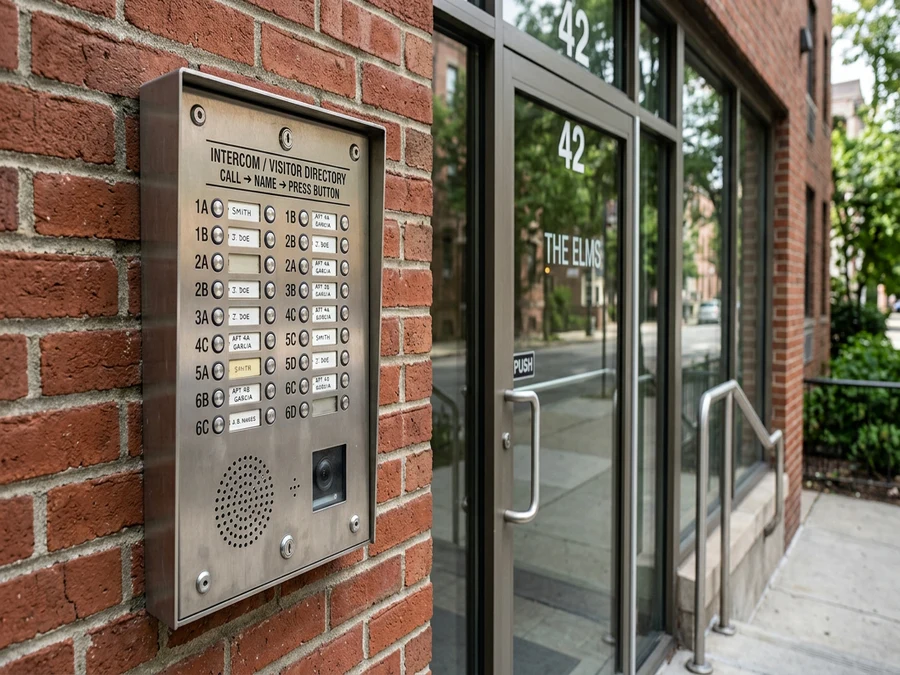 Multi-unit apartment building lobby with intercom directory call-box panel at entry