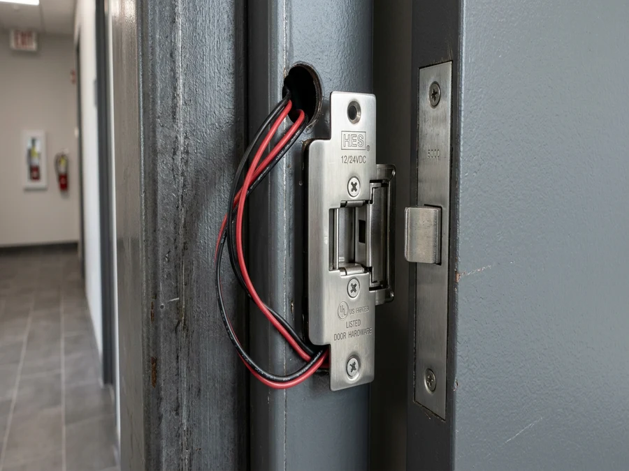 Electric strike hardware mounted in a commercial door frame connected to a buzzer release system