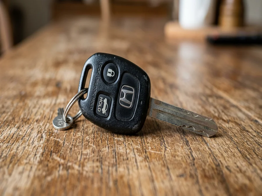 Car transponder chip key with black plastic head on a wooden surface