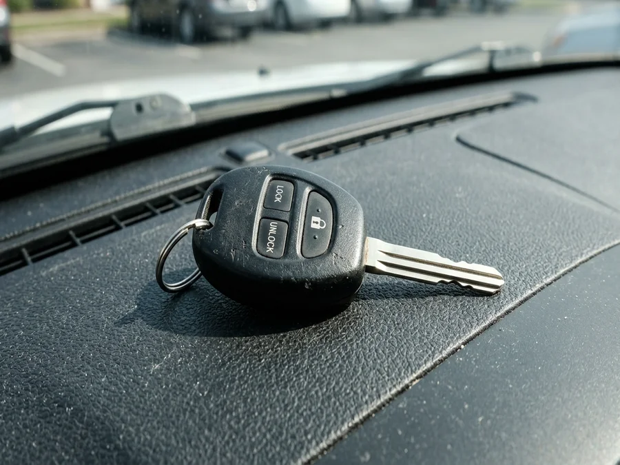 Car remote head key with lock and unlock buttons on a car dashboard