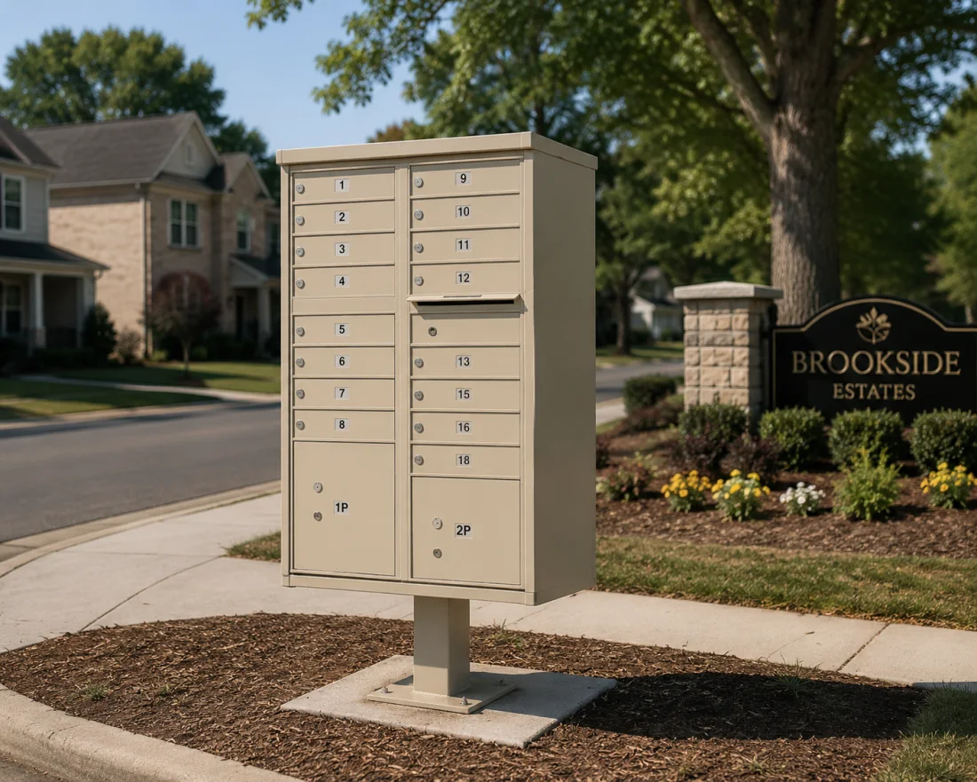 Beige cluster mailbox unit with numbered tenant compartments and parcel lockers in a residential neighborhood