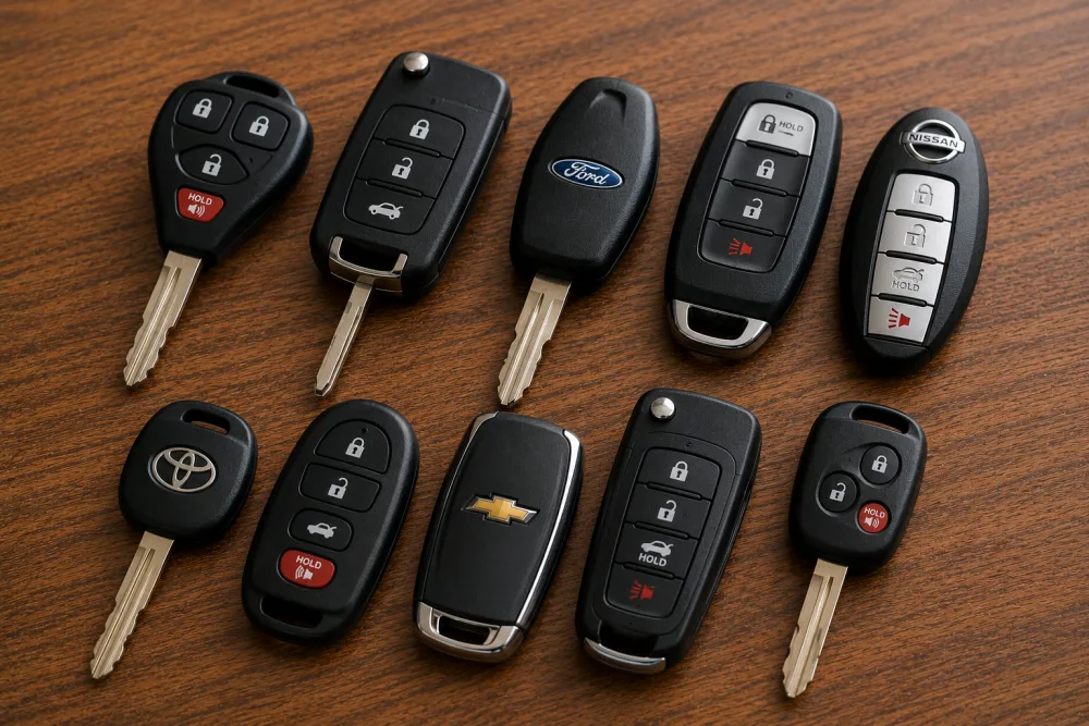 Assortment of remote head keys and flip key fobs for various car makes on a wood surface