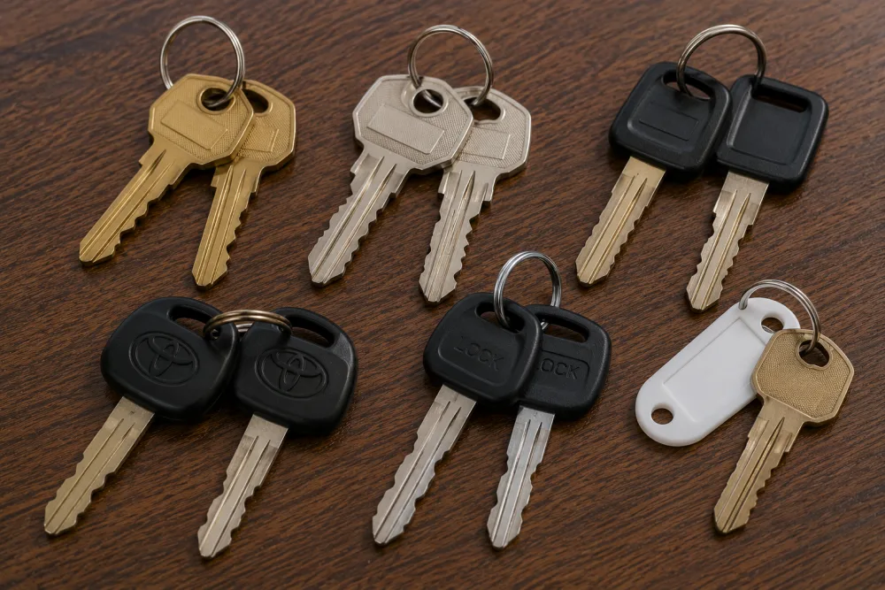 Several pairs of duplicate car keys on rings, representing spare keys cut by J&M