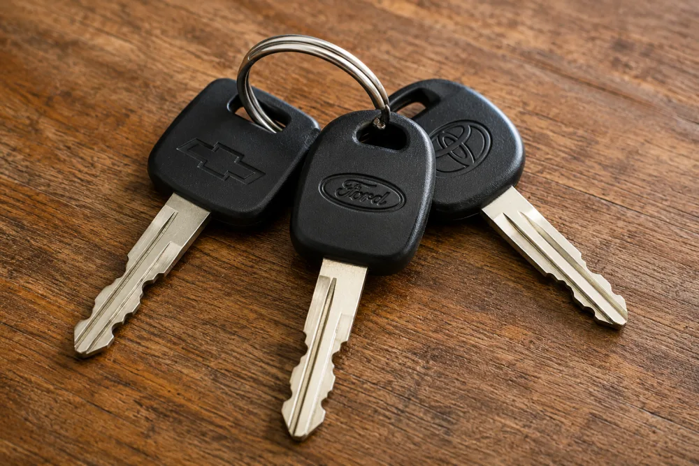 Three standard metal car keys with Chevrolet, Ford, and Toyota logo heads on a ring
