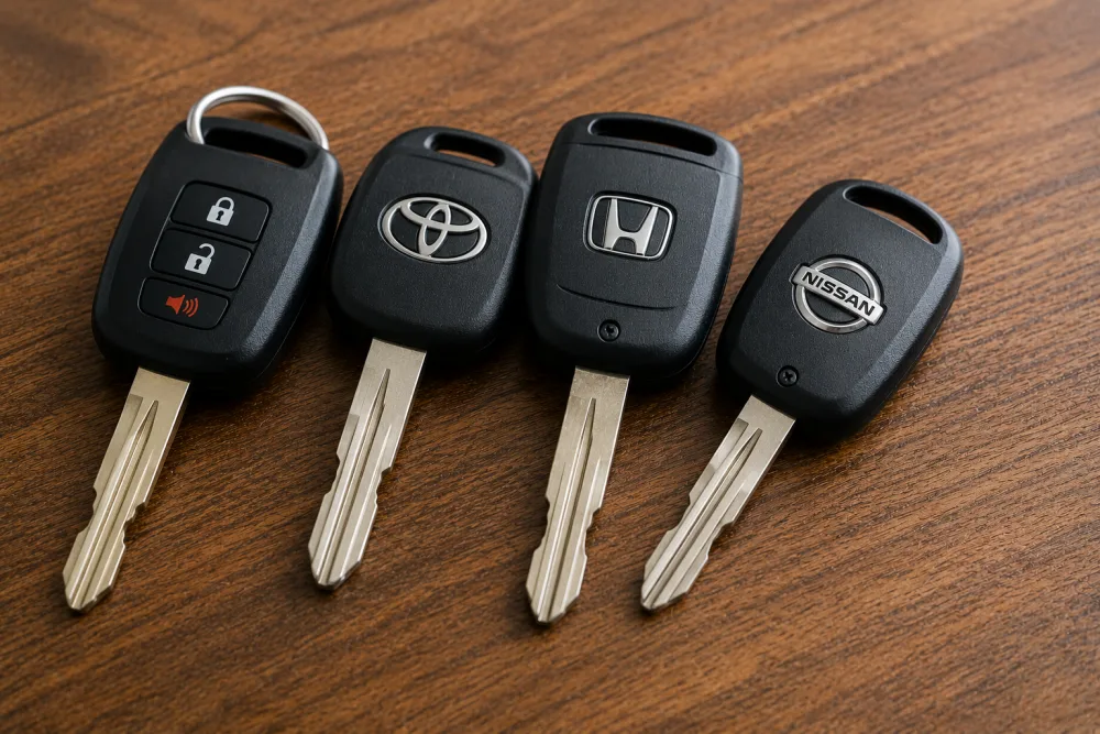 Four transponder chip car keys for Toyota, Honda, and Nissan laid out on a wood surface
