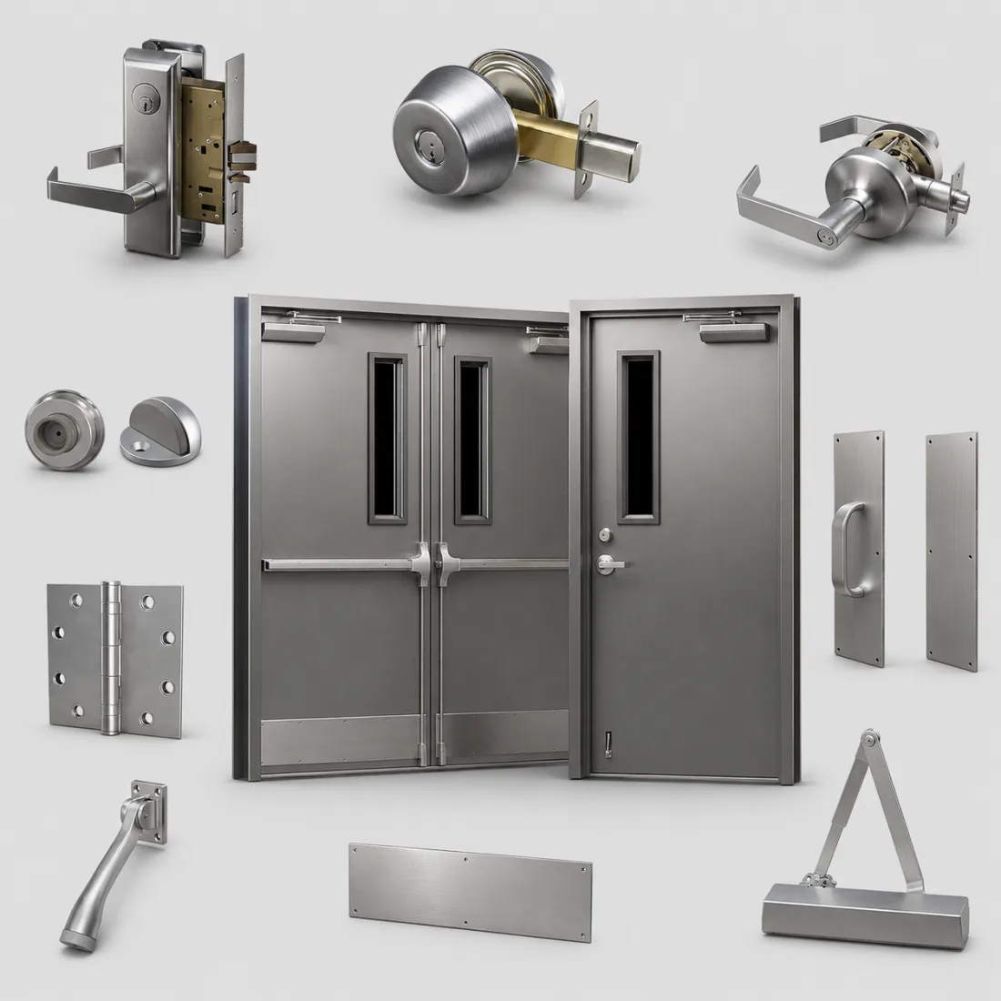 Range of commercial door hardware including mortise locksets, deadbolt, lever, hinges, panic exit devices, door closer, and push plates