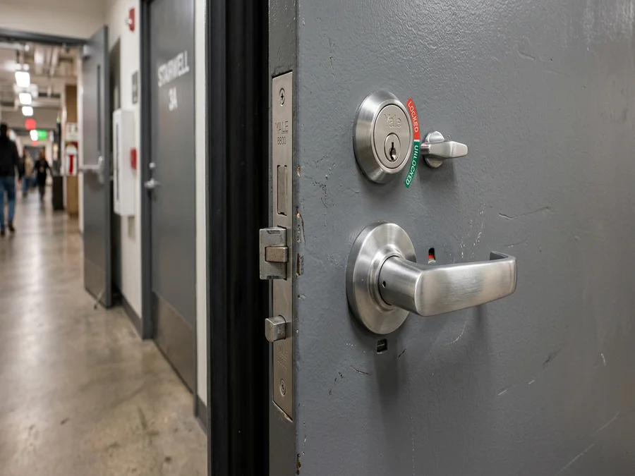 Heavy-duty commercial mortise lockset with lever handle installed on a steel office door