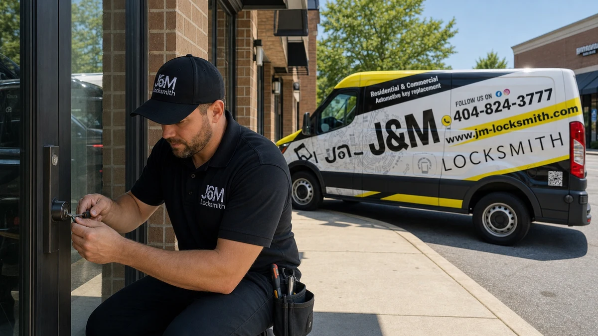 J&M Locksmith technician servicing a commercial storefront door lock in Atlanta