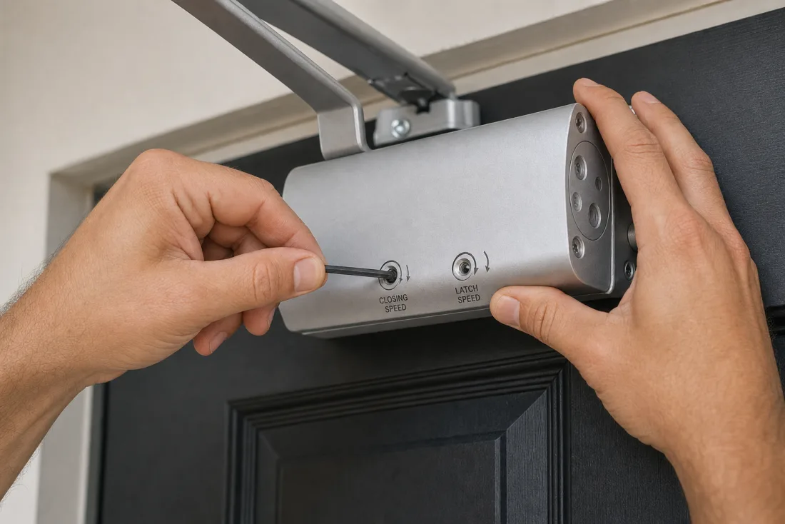 Technician using a hex key to adjust the closing speed valve on a commercial door closer