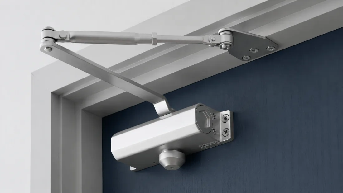 Hydraulic door closer mounted on a commercial steel door and frame