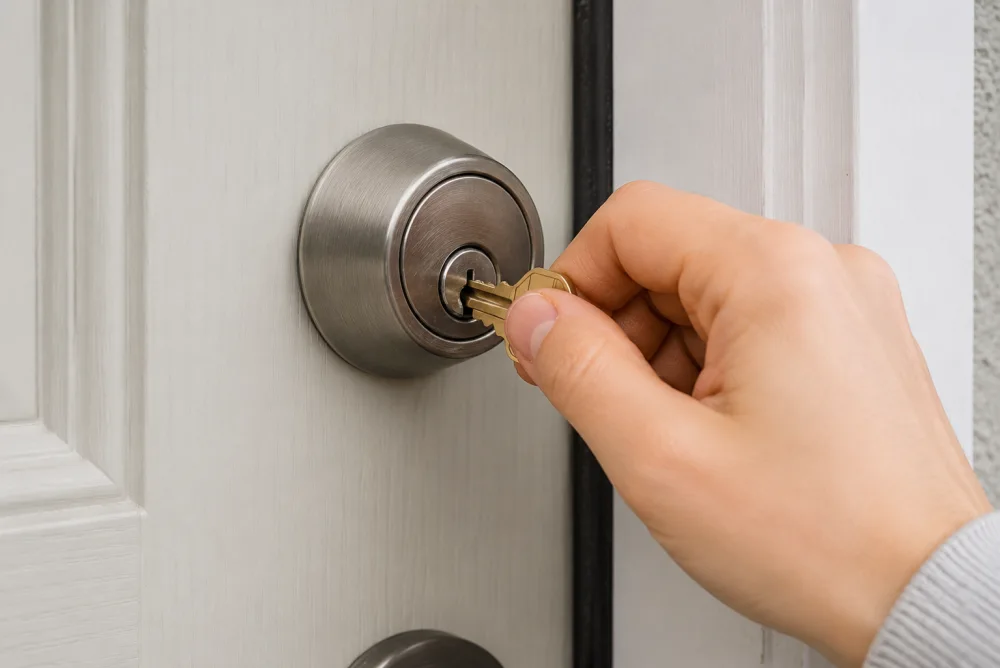 Hand inserting a brass key into a satin nickel single-cylinder deadbolt on a home front door