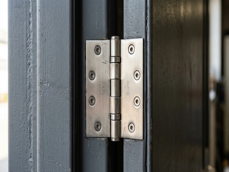 Heavy-duty commercial door hinge on a steel office door