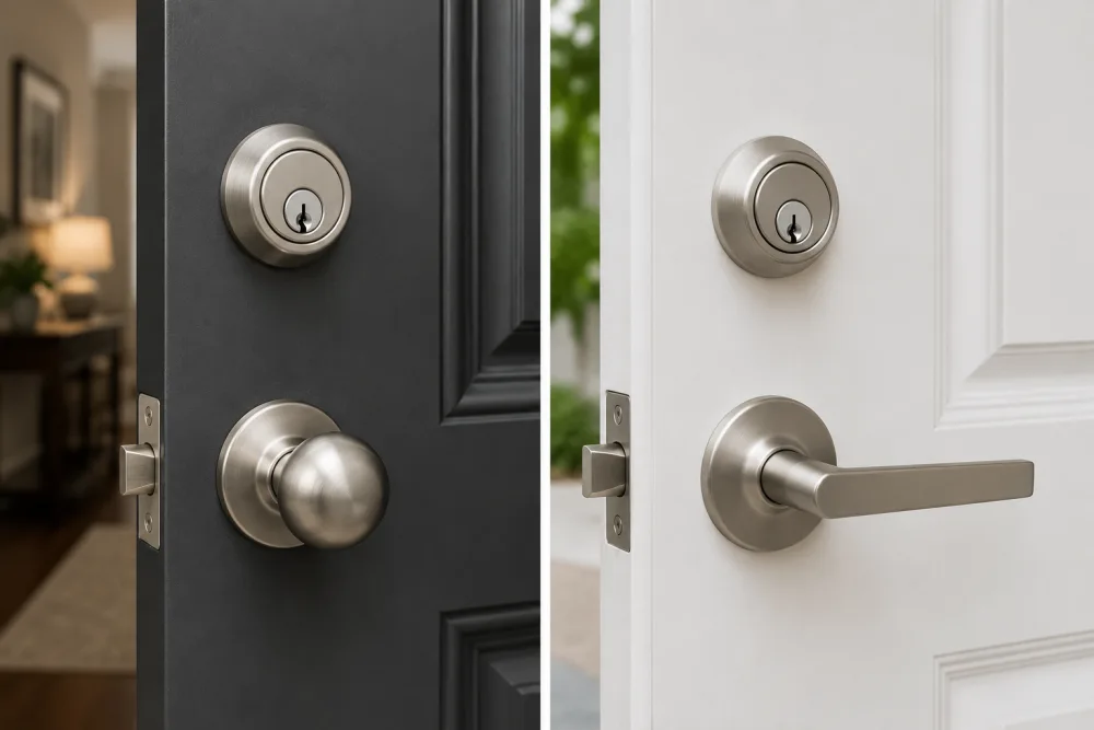 Satin nickel deadbolt above a round knob lock and a lever handle on residential front doors
