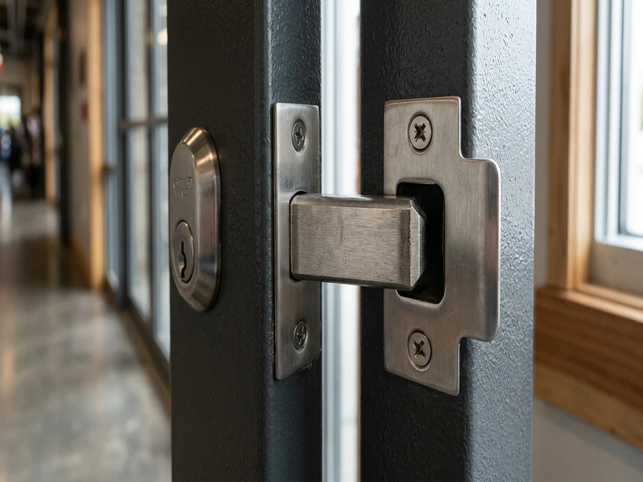 Commercial door latch bolt and strike plate on a steel door edge