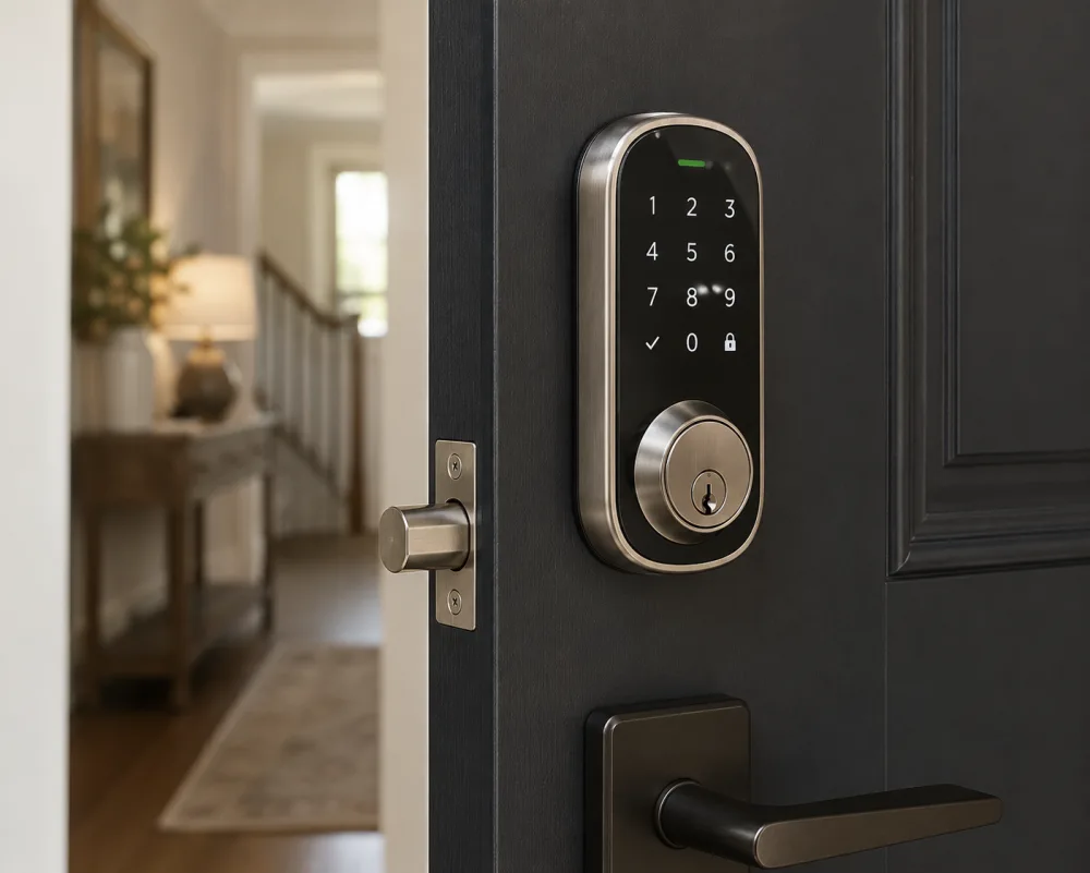 Satin nickel touchscreen keypad smart deadbolt on a black residential front door