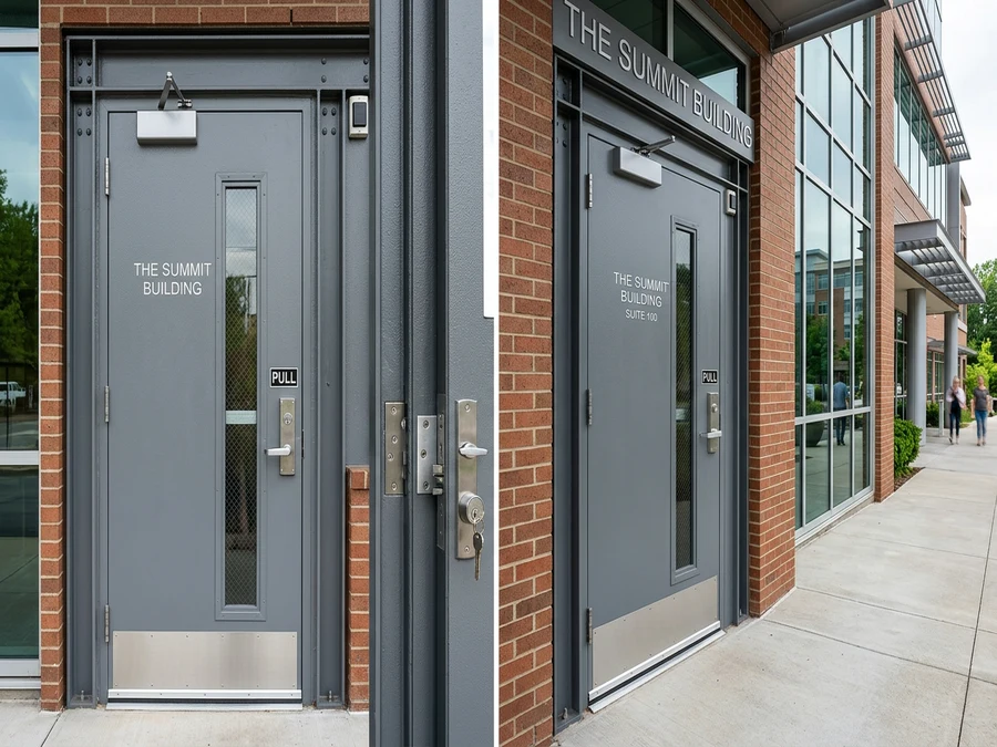 Commercial steel door with heavy-duty lockset on an Atlanta office building