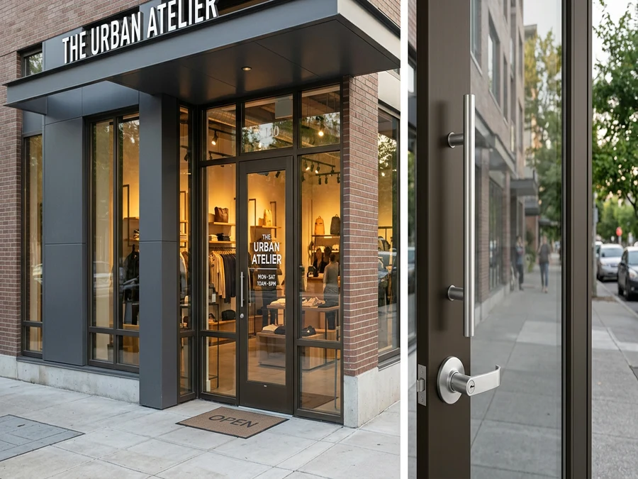 Commercial door lever and knob lockset hardware on an aluminum storefront entry door