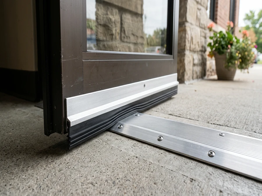 Door bottom sweep seal and aluminum threshold on a commercial exterior door