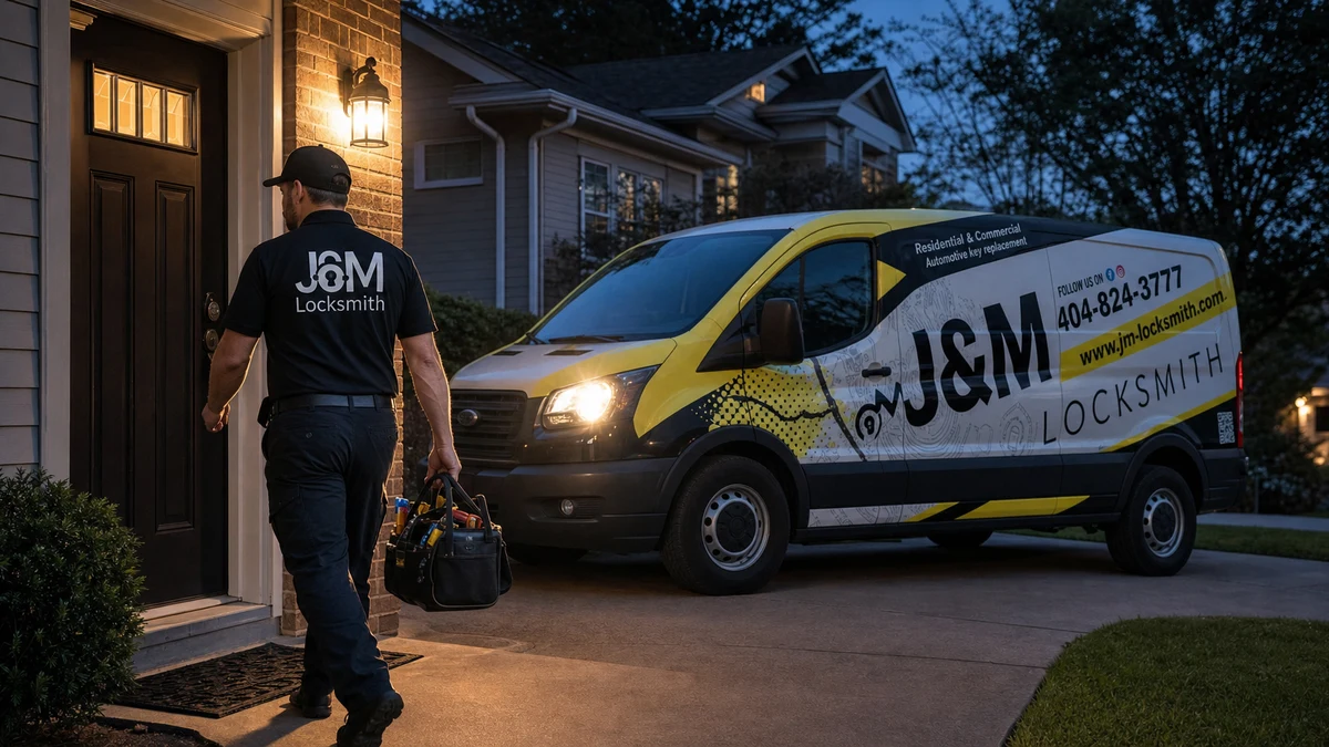 J&M Locksmith technician arriving at a home in Atlanta for an emergency lockout call