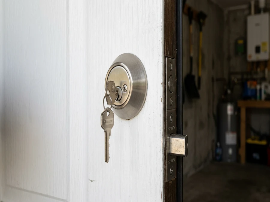Satin nickel deadbolt with reinforced strike plate on the interior garage-to-home door
