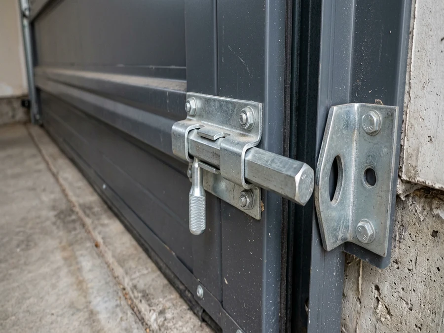 Steel slide bolt mounted on the inside track of a residential overhead garage door