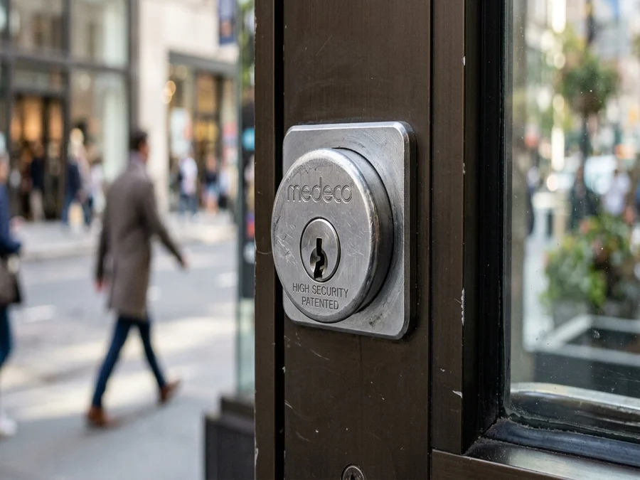 High-security commercial mortise lock cylinder in an aluminum storefront glass door