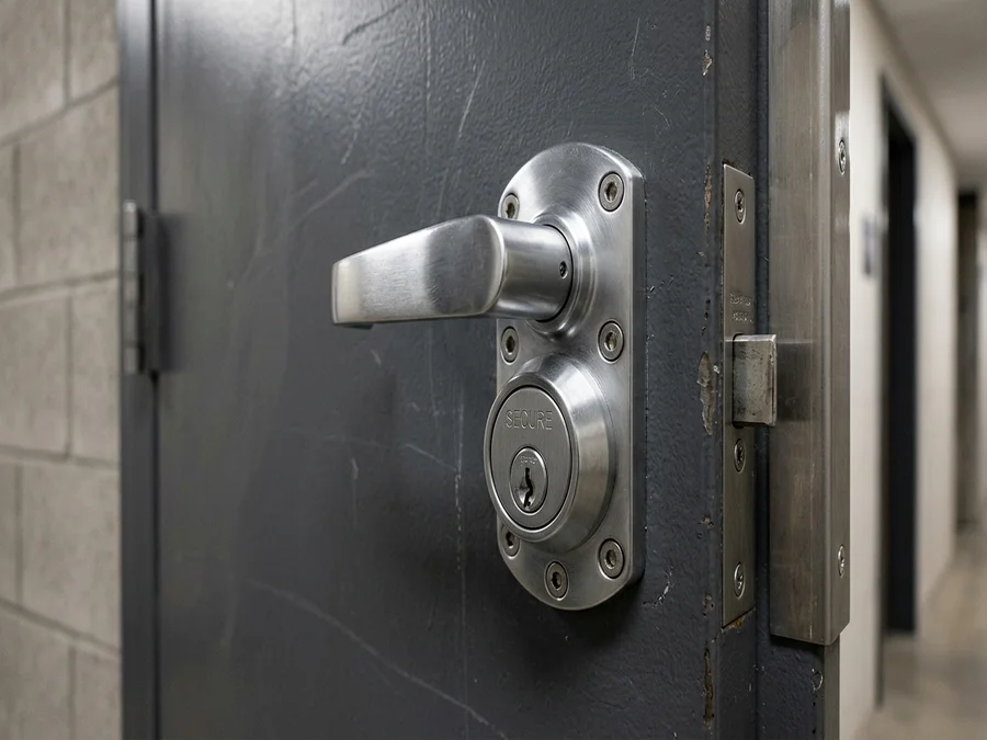 High-security commercial lever handle lock with hardened cylinder on a steel office door