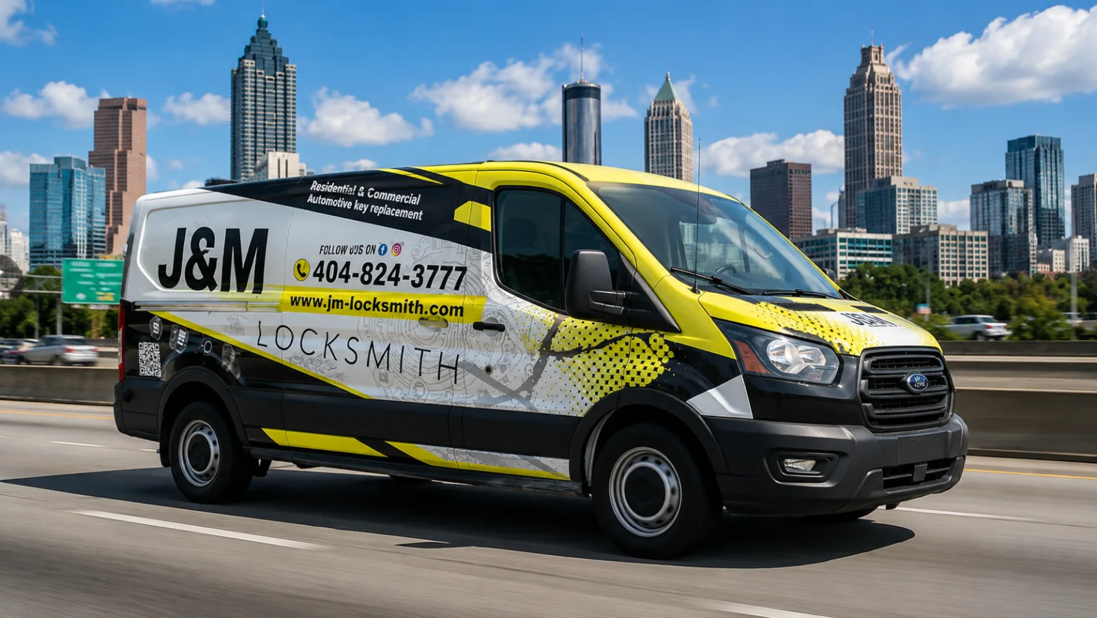 J&M Locksmith branded service van driving on an Atlanta highway with the downtown skyline behind it
