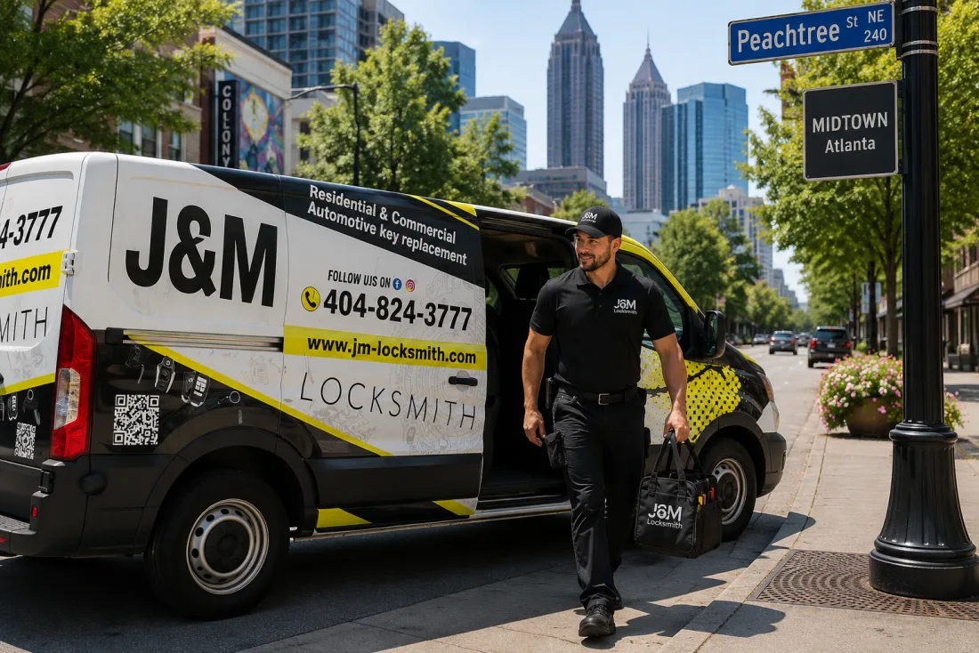 J&M Locksmith technician arriving from the company van on Peachtree Street in Midtown Atlanta