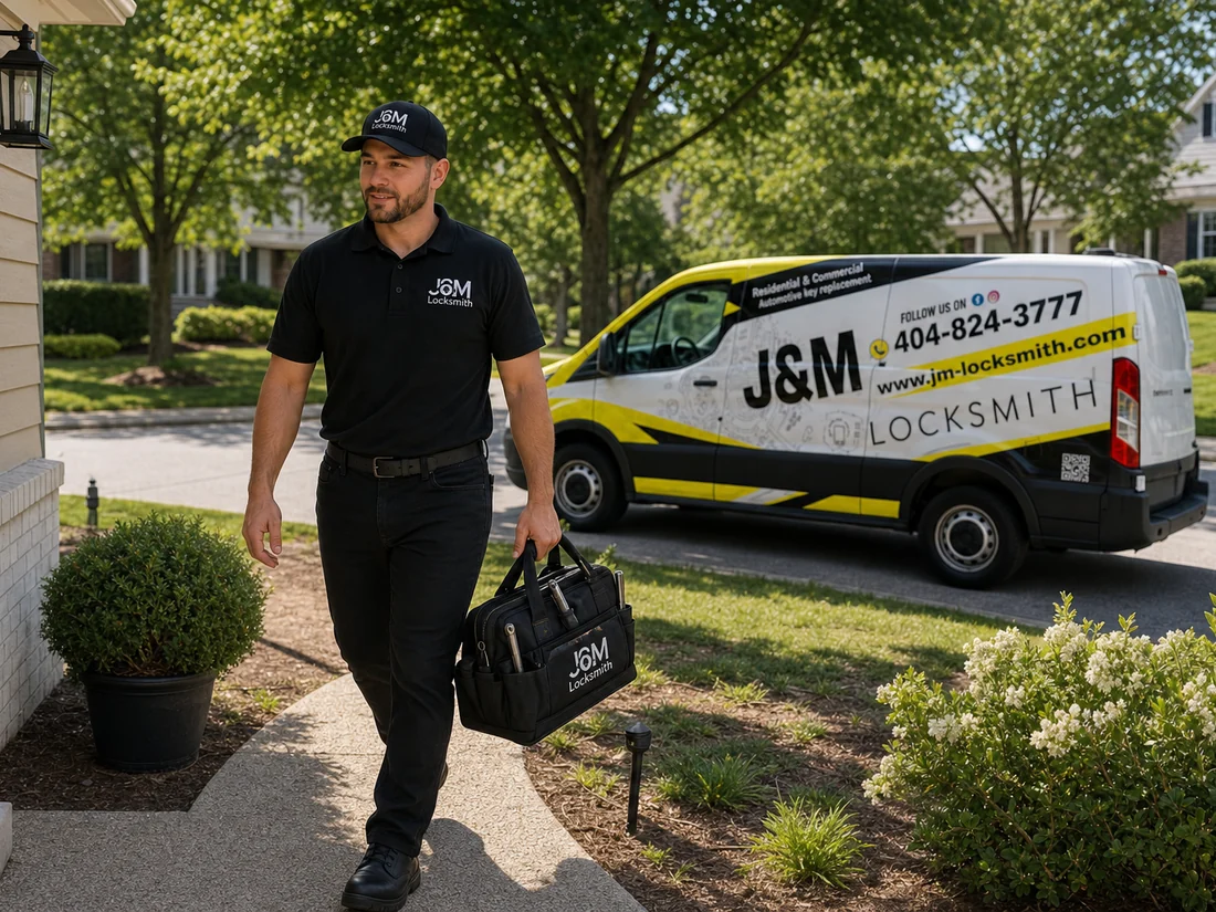 J&M Locksmith technician walking from the branded service van with his tool bag on an Atlanta-area call