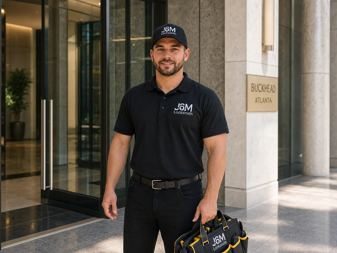 J&M Locksmith technician at the entrance of a Buckhead high-rise building