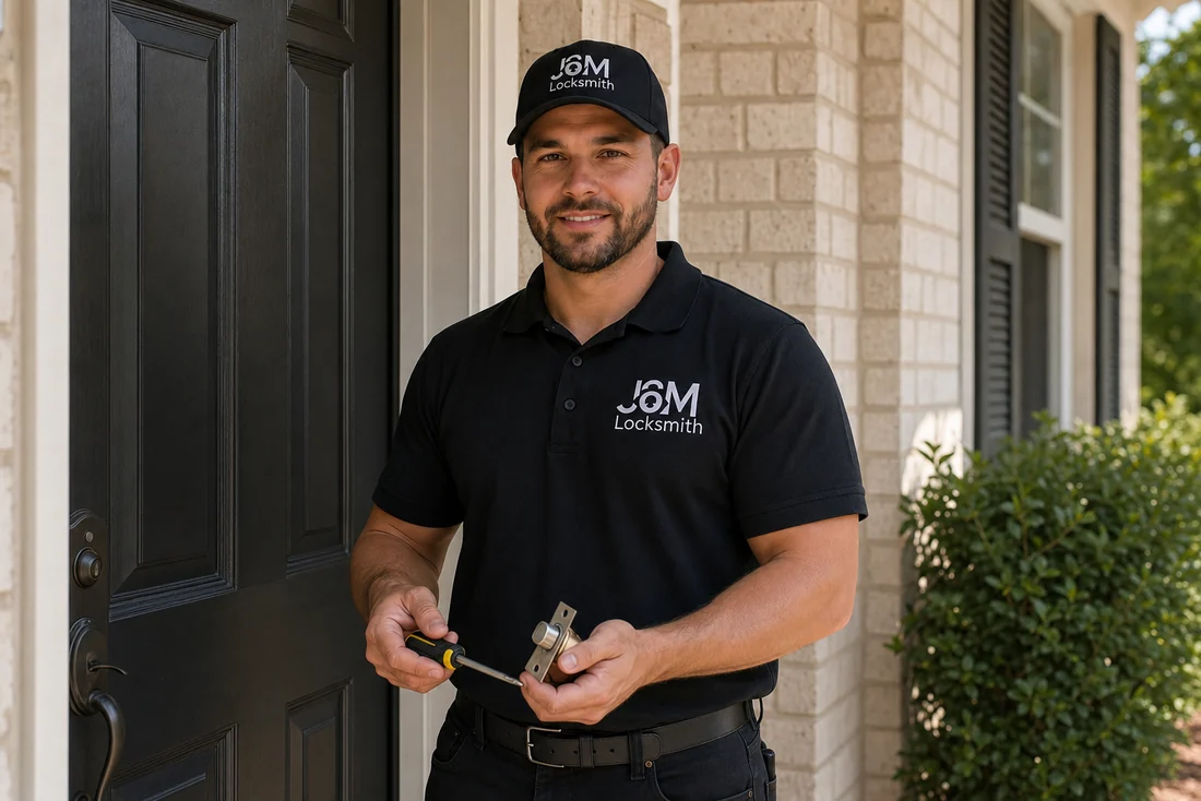J&M Locksmith technician working at a residential front door in the Chamblee area