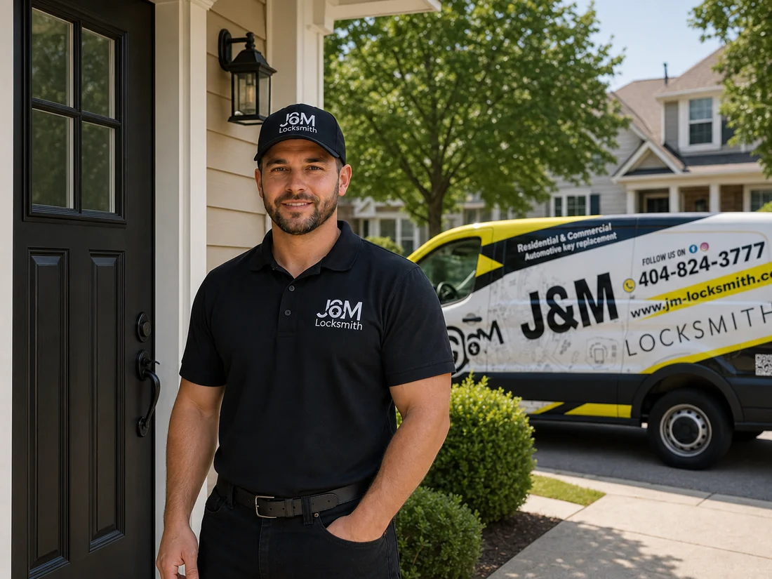 J&M Locksmith technician next to the company van on a Chamblee residential street