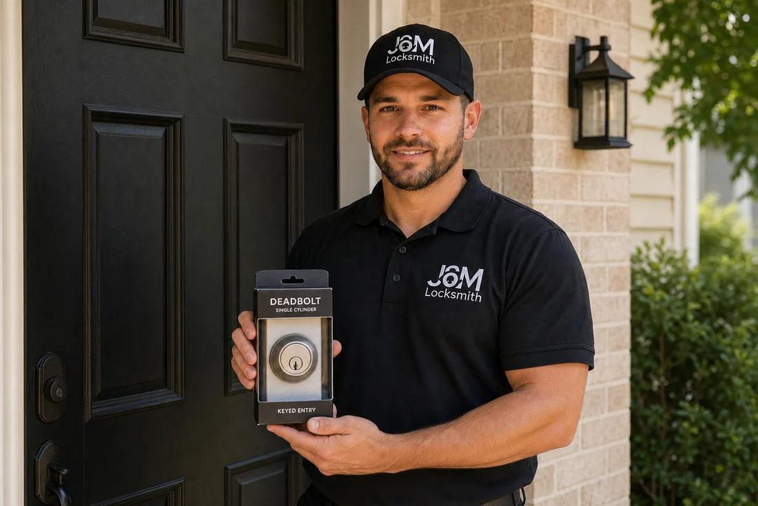 J&M Locksmith technician at a Craftsman bungalow door in the Oakhurst neighborhood of Decatur