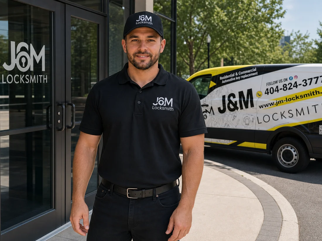 J&M Locksmith technician standing beside the company van in front of a Decatur bungalow