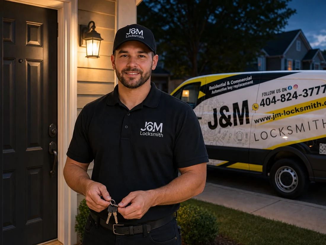 J&M Locksmith technician beside the company van on a residential street in Embry Hills