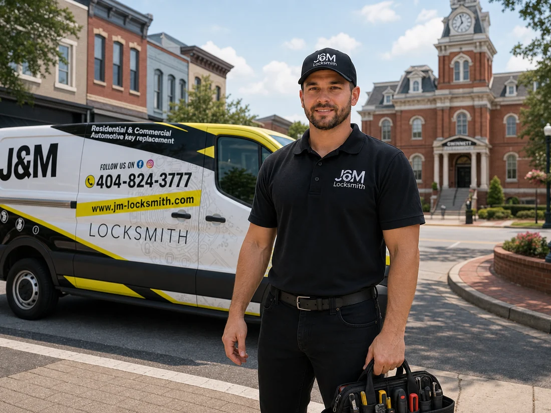J&M Locksmith technician beside the company van near the Lawrenceville courthouse square