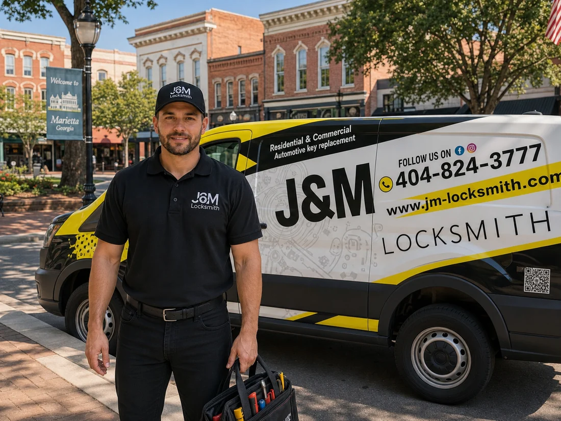 J&M Locksmith technician standing beside the company van near Marietta Square