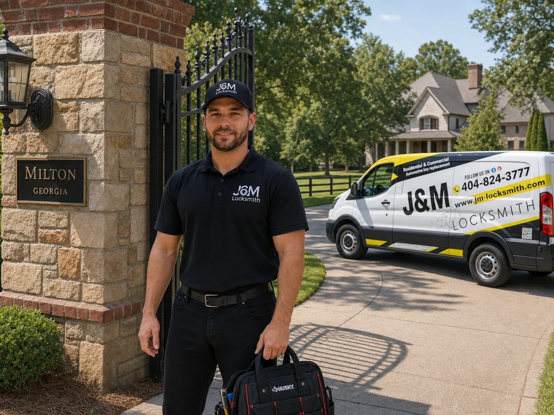 J&M Locksmith technician at the entrance gate of a large Milton, GA residential property