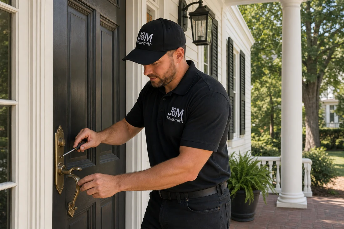 J&M Locksmith technician at the entrance of a historic home in Roswell's Historic District
