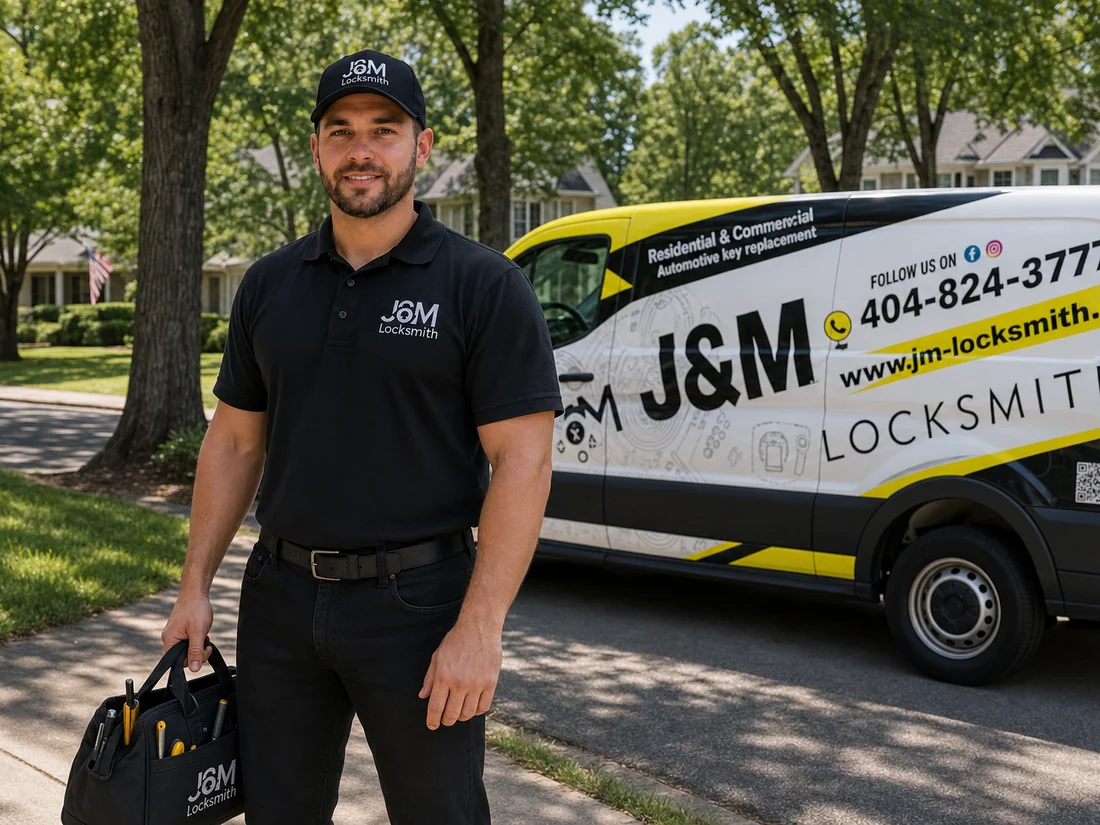 J&M Locksmith technician beside the company van on a tree-lined street in Roswell