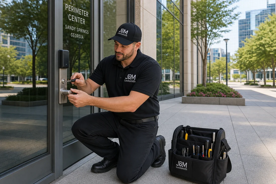 J&M Locksmith technician at a Sandy Springs office building entrance near Perimeter Center