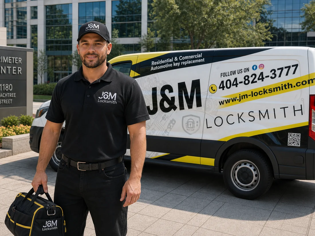 J&M Locksmith technician standing by the company van near a Sandy Springs office building