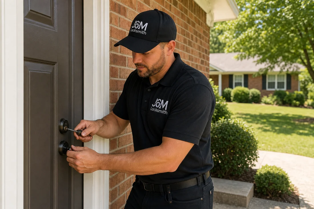 J&M Locksmith technician at the front door of a Tucker ranch-style home