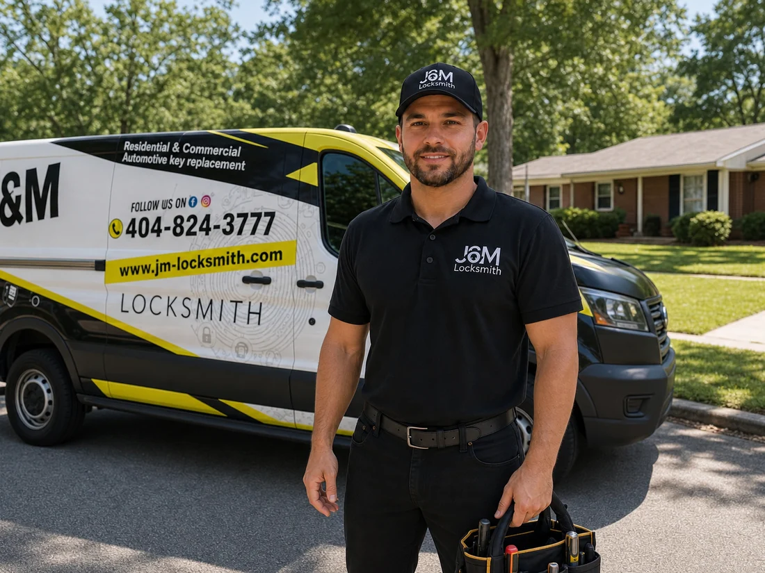 J&M Locksmith technician standing beside the company van on a Tucker residential street