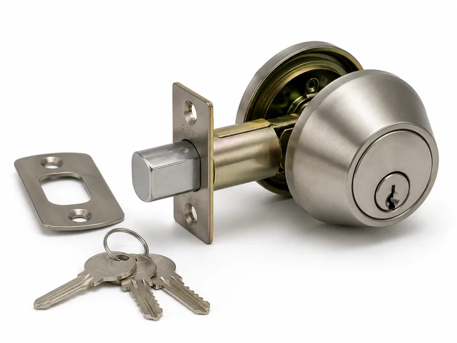 Satin nickel single-cylinder deadbolt with strike plate and keys